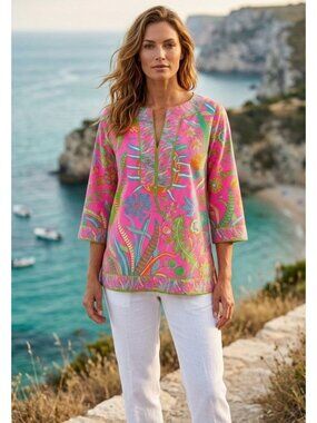 Gretchen Scott Pink Tropical Floral Tunic Top Sz XL Split Neck 3/4 Sleeve Resort